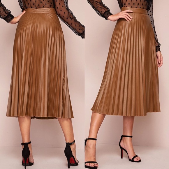 Camel Vegan leather Accordion Pleated Midi Skirt - Picture 2 of 3